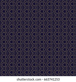 Abstract geometric pattern with lines and overlapping triangles. Seamless vector background in dark blue and gold color. Texture. Vector.