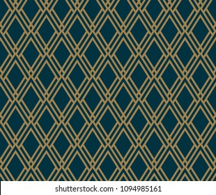 Abstract geometric pattern with lines, rhombuses A seamless vector background. Blue-black and gold texture