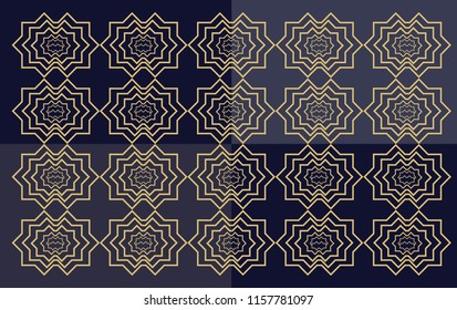 Abstract geometric pattern with lines, rhombuses background. Blue-black and gold texture.