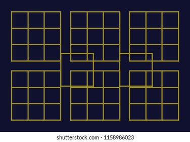 Abstract geometric pattern with lines, rhombuses background. Blue-black and gold texture.