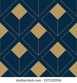 Abstract geometric pattern with lines, rhombuses. A seamless vector background. Blue and gold texture