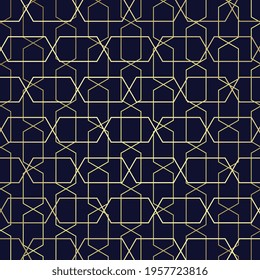 Abstract geometric pattern with lines, rhombuses A seamless vector background. Blue-black and gold texture