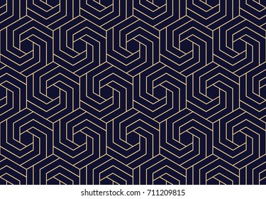 Abstract geometric pattern with lines, rhombuses A seamless background. Dark blue and gold texture.