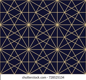 Abstract geometric pattern with lines, rhombuses A seamless vector background. Blue black and gold texture