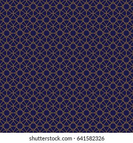 Abstract geometric pattern with lines. Sacred seamless geometry. Rhombuses, triangles and squares. Endless blue black and gold texture background. Vector.