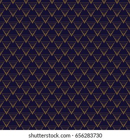 Abstract geometric pattern with lines. Sacred seamless geometry. Rhombuses, triangles and squares. Endless blue black and gold texture background. Vector.