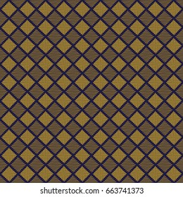 Abstract geometric pattern with lines. Sacred seamless geometry. Rhombuses, triangles and squares. Endless blue black and gold texture background. Vector.
