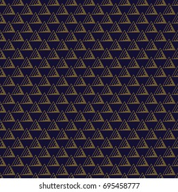 Abstract geometric pattern with lines. Sacred seamless geometry. Rhombuses, triangles and squares. Endless blue black and gold texture background. Vector.