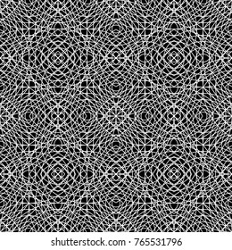 Abstract geometric pattern with lines. Sacred seamless geometry. Rhombuses, triangles and squares. Endless black and white texture background. Vector.