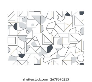 Abstract geometric pattern with lines, shapes, and polygons in gray and gold on white background.