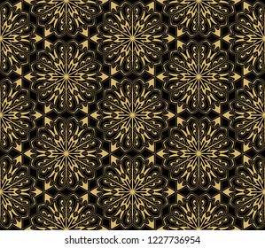 Abstract geometric pattern with lines, snowflakes. A seamless vector background. Black and gold texture. Graphic modern pattern