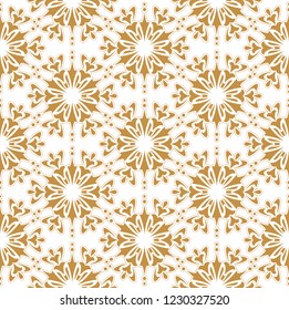 Abstract geometric pattern with lines, snowflakes. A seamless vector background. White and gold texture. Graphic modern pattern