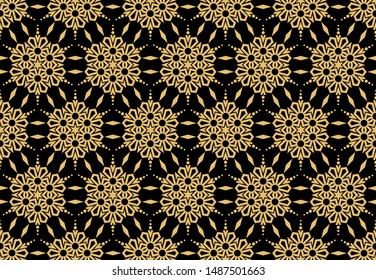 Abstract geometric pattern with lines, snowflakes. A seamless vector background. Gold and black texture. Graphic modern pattern