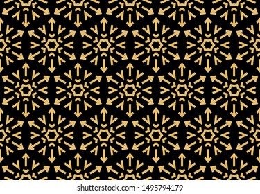 Abstract geometric pattern with lines, snowflakes. A seamless vector background. Gold and black texture. Graphic modern pattern