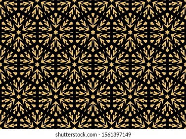 Abstract geometric pattern with lines, snowflakes. A seamless vector background. Gold and black texture. Graphic modern pattern