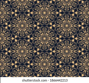 Resumen del patrón geométrico con líneas, copos de nieve. Un fondo vectorial sin fisuras. Textura azul oscuro y dorada. Patrón gráfico moderno