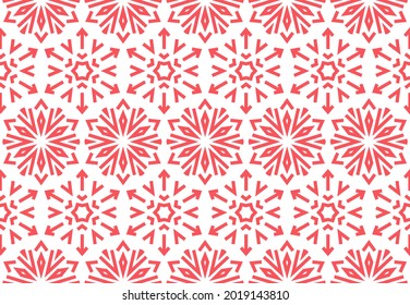 Abstraktes geometrisches Muster mit Linien, Schneeflocken. Ein nahtloser Vektorhintergrund. Weiße und rosafarbene Textur. Grafisches modernes Muster