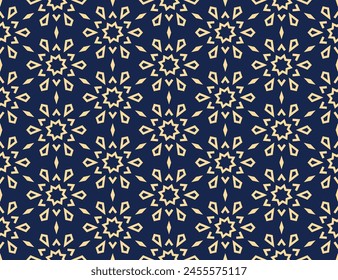 Abstract geometric pattern with lines, snowflakes. A seamless vector background. Golden and dark blue texture. Graphic modern pattern