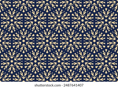Abstract geometric pattern with lines, snowflakes. A seamless vector background. Golden and dark blue texture. Graphic modern pattern