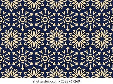 Padrão geométrico abstrato com linhas, flocos de neve. Um fundo de vetor sem costura. Textura dourada e azul escuro. Padrão gráfico moderno