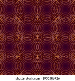 Abstract geometric pattern with lines, squares, circle. Burgundy and yellow shades. Seamless pattern