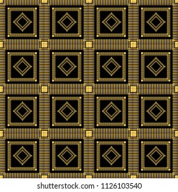 Abstract geometric pattern from the lines of strips, golden square ornament, seamless pattern, texture, high. For wallpapers and fabrics. Vector illustration.