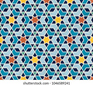 Abstract geometric pattern, marbled stars and hexagonal tiles in Islamic style, textured seamless vector illustration