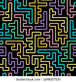 Abstract geometric pattern with maze, diagonal stripes and lines. Pop art vector seamless background. 