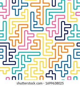 Abstract geometric pattern with maze, diagonal stripes and lines. Pop art vector seamless background. 