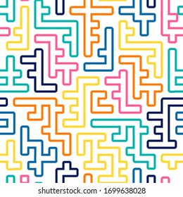 Abstract geometric pattern with maze, diagonal stripes and lines. Pop art vector seamless background. 