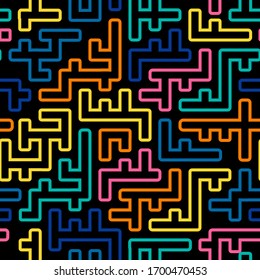 Abstract geometric pattern with maze, diagonal stripes and lines. Pop art vector seamless background. 