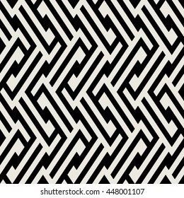 Abstract geometric pattern with maze, diagonal overlapping stripes and crossing lines in black and white. Op art seamless geometric background. Simple monochrome bold print for winter fall fashion