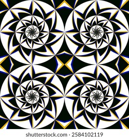 Abstract geometric pattern with a mesmerizing optical illusion. Features black, blue, and yellow symmetrical shapes creating a dynamic visual effect. Ideal for backgrounds, textiles, and digital art.