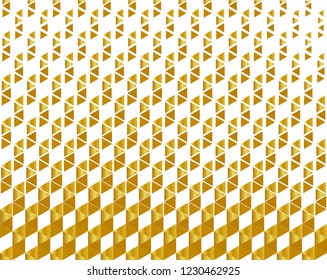Abstract geometric pattern, metallic color in luxury style, (gradient yellow) golden spiral striped texture on white background, different sizes of small triangles. Creative vector design, EPS10.