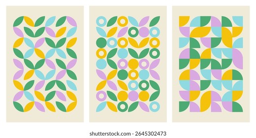 Abstract geometric pattern in mid-century modern style with elements of Scandinavian minimalism. Isolated Swiss summer Posters Set with simple shapes on white background. Vector Eps10