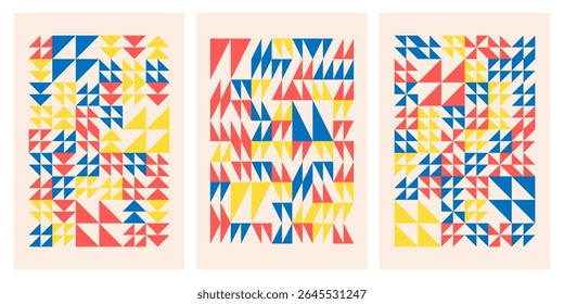 Abstract geometric pattern in mid-century modern style with triangles elements of Scandinavian minimalism. Isolated Swiss Posters Set with simple shapes on white background. Vector Eps10