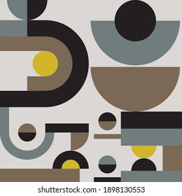 Abstract geometric pattern, minimal style seamless pattern. Ready to use design template. Brand patterns, art mosaic, slide background. Circles, semi-circles, quarter-circles, rectangles, lines.