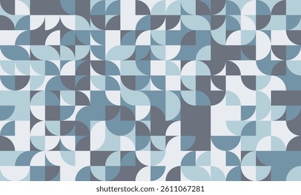 Abstract geometric pattern. Modern minimalist design with cooltoned semicircles and squares. Ideal for backgrounds, website design, or print projects.  Conveys balance, harmony, and sophistication.