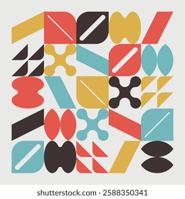 Abstract geometric pattern with modernist shapes and symbols.