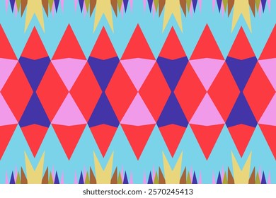 Abstract Geometric Pattern with Multicolored Diamond and Triangle Shapes in Vibrant Red, Blue, and Pink for Creative Textile and Wallpaper Art