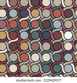 Abstract geometric pattern with multicolored intertwining circles and lines on a black background. Vector illustration. Decorative design for packaging, wrapping, and textiles.
