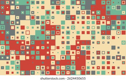 Abstract geometric pattern with multicolored squares.  Retro style design perfect for website backgrounds, presentations, or textile prints.  Represents data, technology, or modern design concepts.