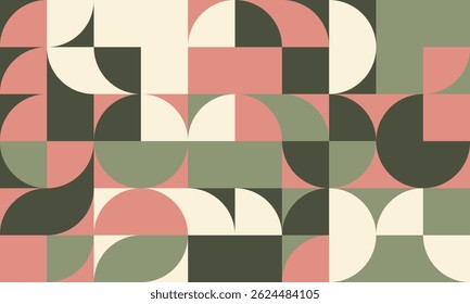 Padrão geométrico abstrato com tons rosados, verdes e creme.  Design moderno e minimalista com semicírculos e quadrados, ideal para fundos, banners de site ou impressões têxteis.