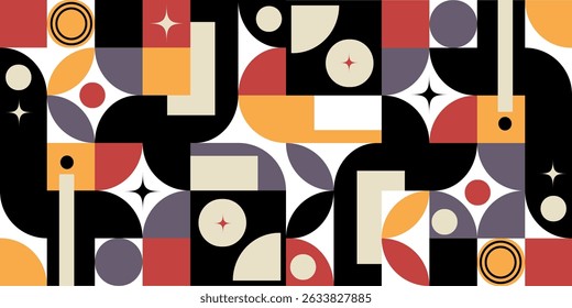 Abstract geometric pattern in neo geo style with bold abstract shapes, color blocks. Geometric banner background, backdrop texture, fashion textiles, cover, branding design, modern packaging. Vector