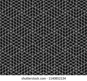 Abstract geometric pattern on black background. Vector seamless Bauhaus mosaic grid lines with wireframe pattern