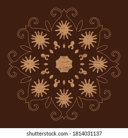  Abstract geometric pattern on dark brown  background. Monochrome with texture. Ethnic style. Design for textiles, wallpapers, printed products. Vector illustration