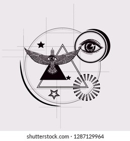 Abstract geometric pattern on the white backgeound. Sacred geometry with all seeing eye and flying bird. Graphic composition for print t shirt and tattoo art, coloring book page. Occult graphic spell.
