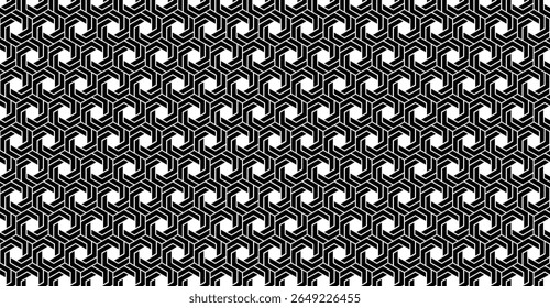 Abstract geometric pattern on a white backdrop features interwoven black lines forming hexagonal shapes that create a visually dynamic and captivating background