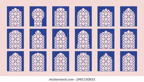 Abstract geometric pattern on windows, arch, arc, frame, door. Floral thin line ornament.