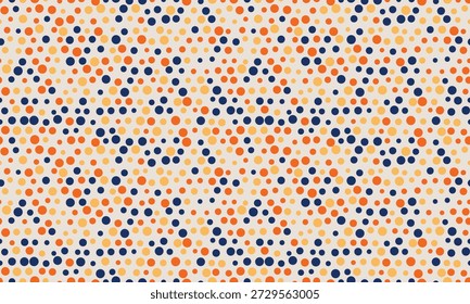 Padrão geométrico abstrato com círculos laranja, azul e amarelo em um fundo bege.  Ideal para design têxtil, fundos de site, ou marca vibrante e moderna.